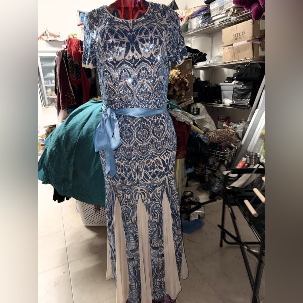 Elegant Blue and White Sequin Dress
